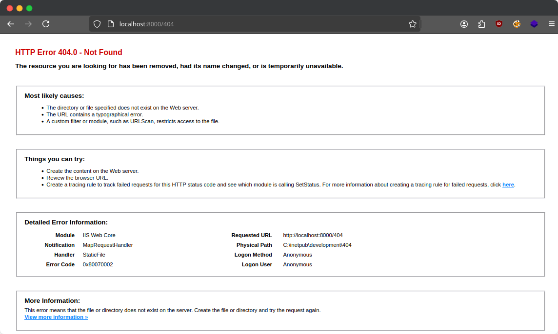 404 Page with light debug information, notably the physical path of where the page is stored (C:\inetpub\development)