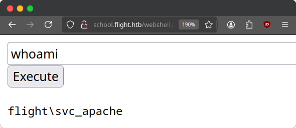 Screenshot of a webshell with the command &ldquo;whoami&rdquo; being entered. The output is flight\svc_apache.